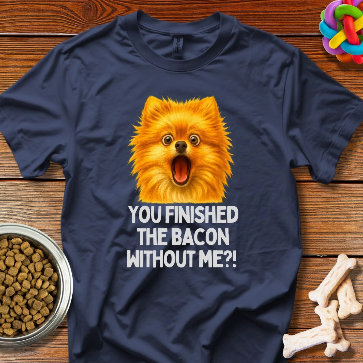Bacon Betrayal: Pomeranian Shock Meme, Viral Pet Comedy - T-Shirt - Wooferface