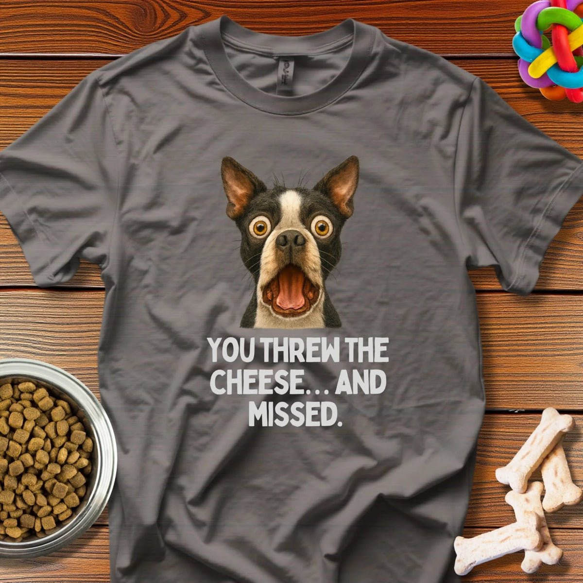 Cheesy Betrayal: Hilarious Boston Terrier Drama, Epic Pet Photography Meme - T-Shirt - Wooferface