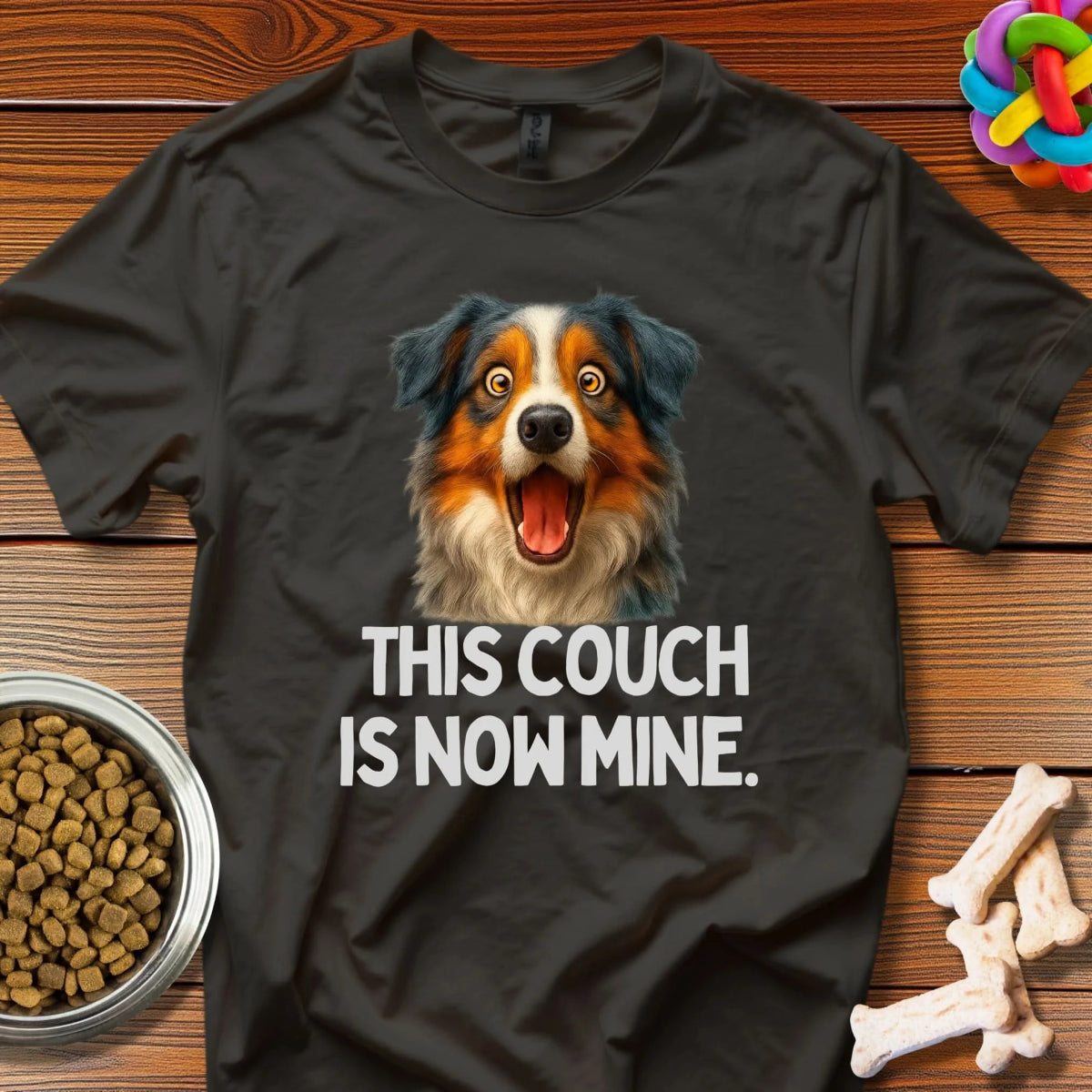 Couch Conquest: Aussie Shepherd Takeover, Hilarious Pet Photography - T-Shirt - Wooferface