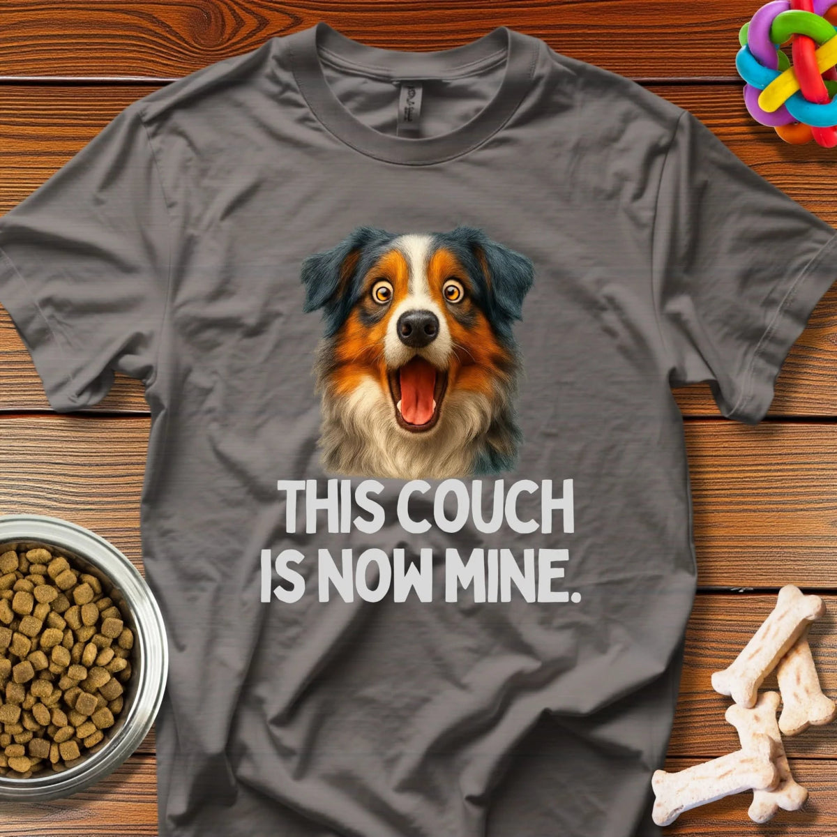 Couch Conquest: Aussie Shepherd Takeover, Hilarious Pet Photography - T-Shirt - Wooferface