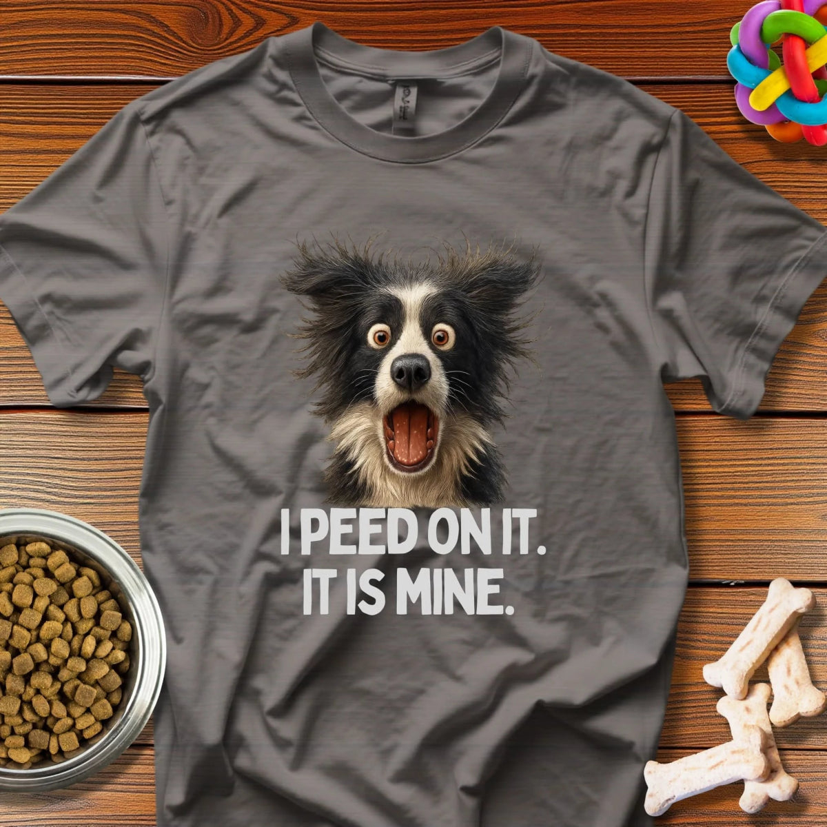 Furry Mayhem: Comedic Border Collie Portrait, High - Resolution Canine Comedy - T-Shirt - Wooferface