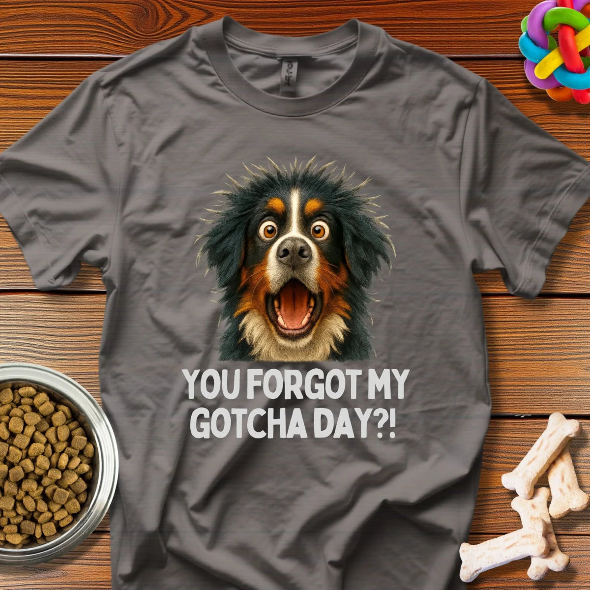 Gotcha Day Betrayal: Viral Dog Meme, Photorealistic Comedy Portrait - T-Shirt - Wooferface
