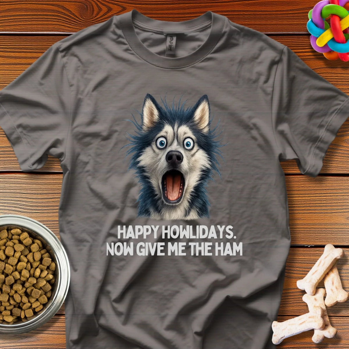 Howliday Feast: Husky Holiday Humor, Photorealistic Dog Comedy - T-Shirt - Wooferface