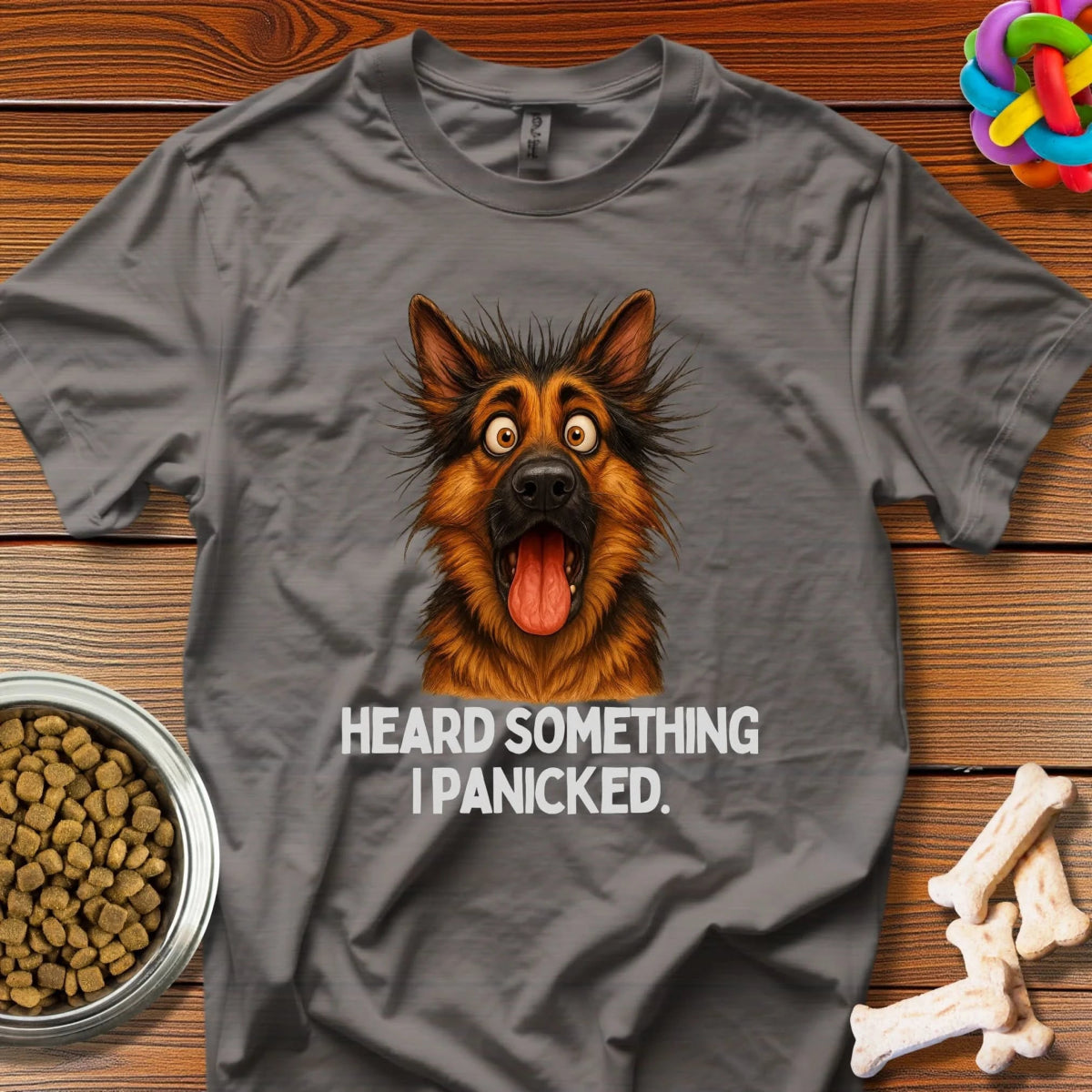 Panic Mode Activated: Canine Anxiety Illustrated, Digital Pet Comedy Portrait - T-Shirt - Wooferface