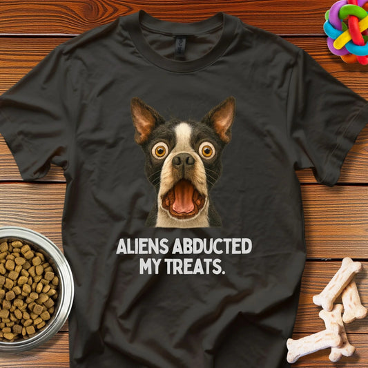 Alien Treat Conspiracy: Boston Terrier Meme Art, Photorealistic Comedy Illustration - T-Shirt - Wooferface