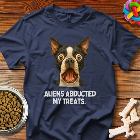 Alien Treat Conspiracy: Boston Terrier Meme Art, Photorealistic Comedy Illustration - T-Shirt - Wooferface