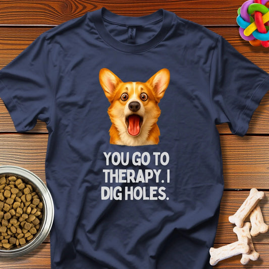 Canine Coping Mechanisms: Therapy vs. Digging, Viral Dog Meme Illustration - T-Shirt - Wooferface