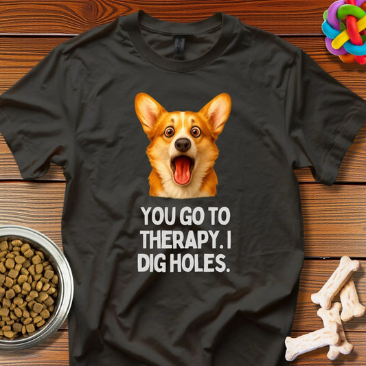 Canine Coping Mechanisms: Therapy vs. Digging, Viral Dog Meme Illustration - T-Shirt - Wooferface