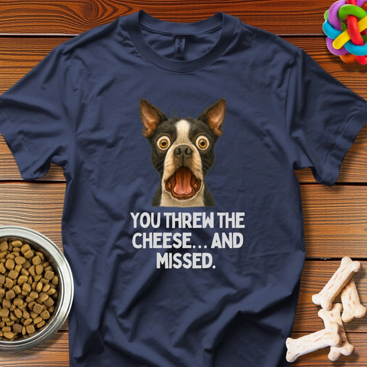 Cheesy Betrayal: Hilarious Boston Terrier Drama, Epic Pet Photography Meme - T-Shirt - Wooferface