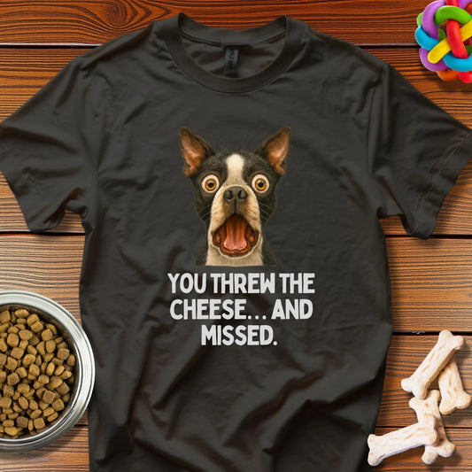 Cheesy Betrayal: Hilarious Boston Terrier Drama, Epic Pet Photography Meme - T-Shirt - Wooferface