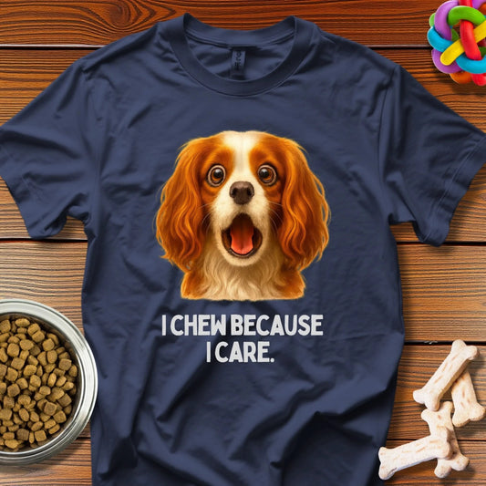 Chew Love: Cavalier King Charles Comedy, Playful Pet Portrait - T-Shirt - Wooferface