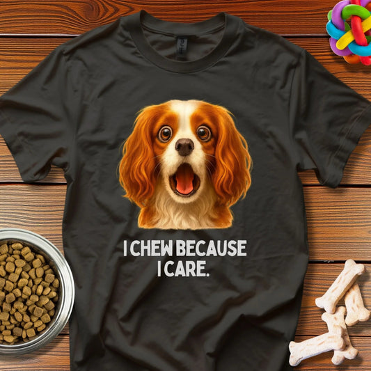 Chew Love: Cavalier King Charles Comedy, Playful Pet Portrait - T-Shirt - Wooferface