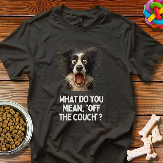 Couch Controversy: Dramatic Border Collie Reaction, Pet Meme Photography - T-Shirt - Wooferface