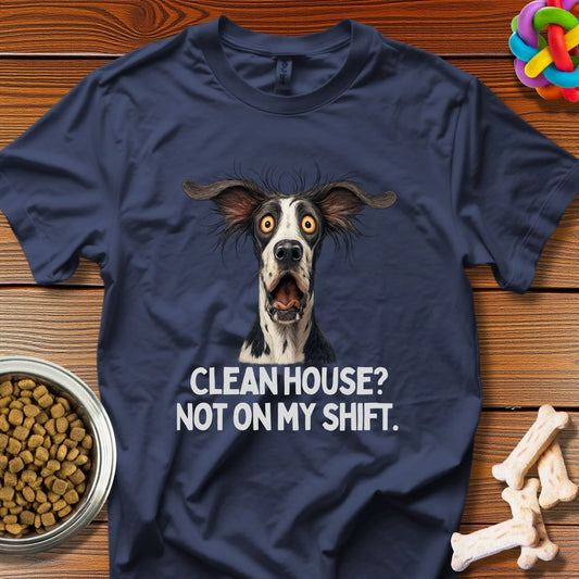 Domesticity Defiance: Reluctant Canine Comedy, Digital Pet Portrait Humor - T-Shirt - Wooferface
