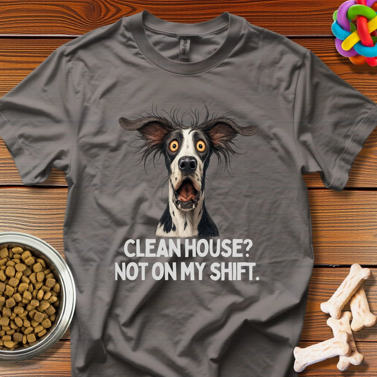 Domesticity Defiance: Reluctant Canine Comedy, Digital Pet Portrait Humor - T-Shirt - Wooferface