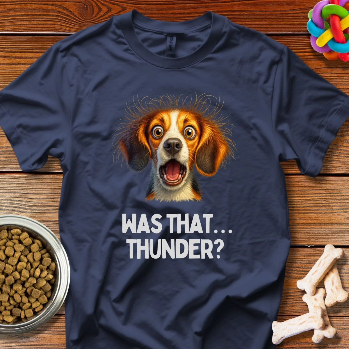 Thunder Pup: Canine Thunderstorm Panic, Digital Comedy Art - T-Shirt - Wooferface