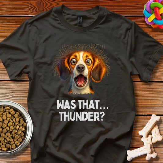Thunder Pup: Canine Thunderstorm Panic, Digital Comedy Art - T-Shirt - Wooferface